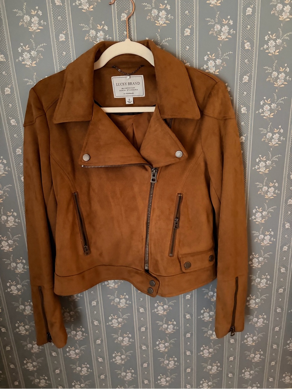 Lucky Brand faux Suede Moto Jacket in Cognac Brown